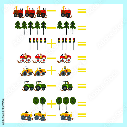 mathematical examples of addition and subtraction with colored cars