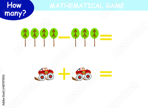 mathematical examples of addition and subtraction with colored cars