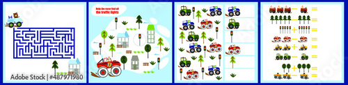 Mini games collections with cars for development. I spy. Maze. Colorful vector illustration in flat style.
