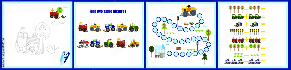 Mini games collections with cars for development. I spy. Maze.  Colorful vector illustration in flat style.