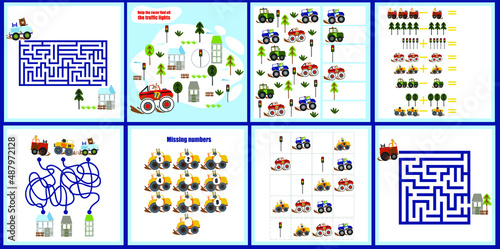 Mini games collections with cars for development. I spy. Maze.  Colorful vector illustration in flat style.