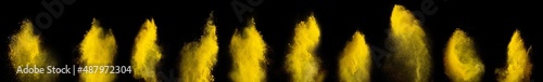 set collection row yellow holi paint color powder explosion isolated on dark black background. industry beautiful party festival concept