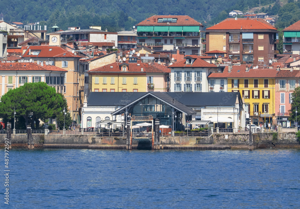 Obraz premium aerial view of the old pier of Intra - Verbania, suggestive late nineteenth century building in Art Nouveau style Lake Maggiore, Italy