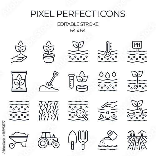 Soil and gardening related editable stroke outline icons set isolated on white background flat vector illustration. Pixel perfect. 64 x 64.