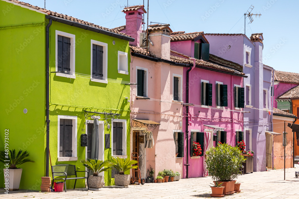Burano, Buran, Colorful Houses, Venetian, Island, Colorful, House, Colorful, Colors, Green, Pink, Purple, Window, Shutter, Downtown, Building, Home, Architecture, Historic, Old, Built Structure, Famou - obrazy, fototapety, plakaty 