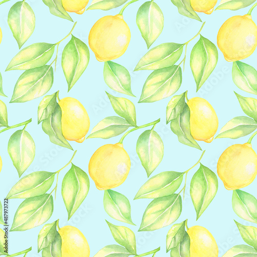 Watercolor seamless lemons pattern on blue background.Perfect for fabrics textile and much more.