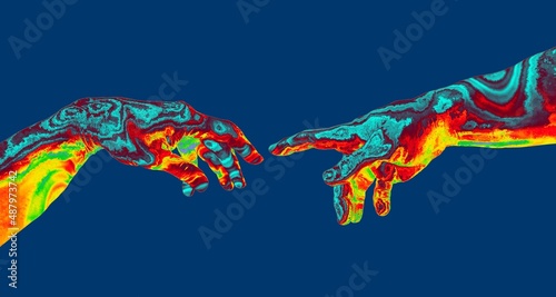 Reaching hands in pink and blue vaporwave and synthwave style concept illustration isolated on dark blue background.