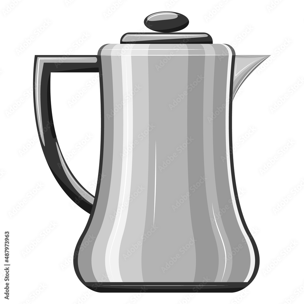 Fototapeta premium A kettle for a hot drink. Shaped roomy casing. Coffee pot, tea utensils, cocoa, hot water. Kitchen utensils. Mockup , coloring. Vector, Flat, Cartoon, Gray, isolated
