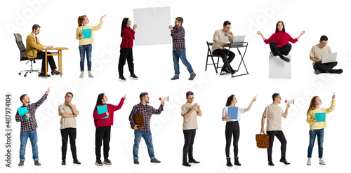 Collage. Office workers, employees during working day cycle isolated over white background