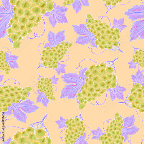 Fototapeta Naklejka Na Ścianę i Meble -  Creative seamless pattern with grapes. Oil paint effect. Bright summer print. Great design for any purposes	