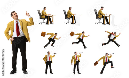 Collage. Motivated businessman, office worker during working day isolated over white background