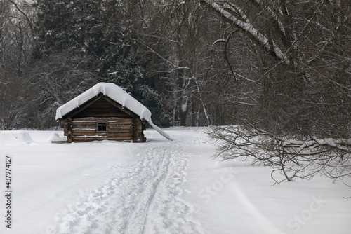 A lonely small rustic log house stands in the middle of the woods and snow drifts. There is a thick layer of snow on the roof of the house. A lot of snow and snow-covered trees all around.