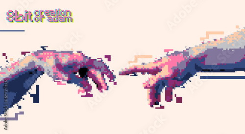 Reaching hands 8 bit color style design concept vector illustration isolated on beige background.