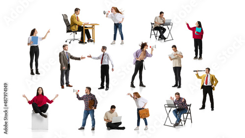 Collage. Business people, employees, managers working on projects isolated over white background