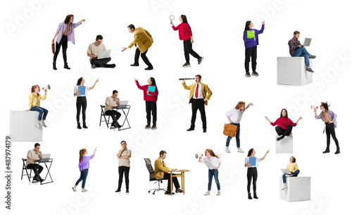 Collage. Business people  employees  managers working on projects isolated over white background. IT developers