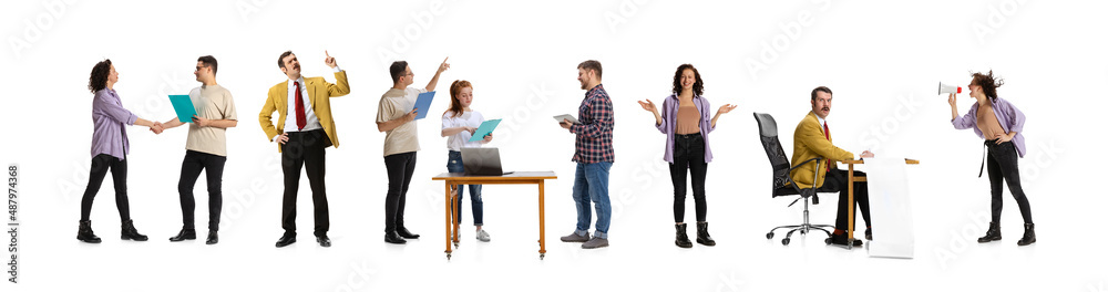 Obraz premium Collage. Business people, office workers, employees, managers during working day isolated over white background