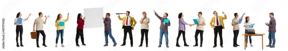 Obraz premium Collage. Business people, office workers, employees, managers during working day isolated over white background