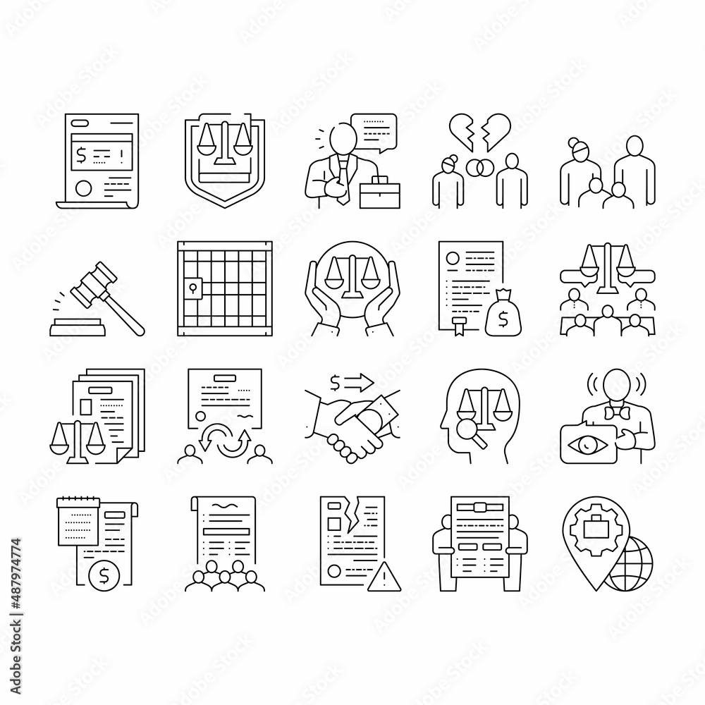 Law Justice Dictionary Collection Icons Set Vector .