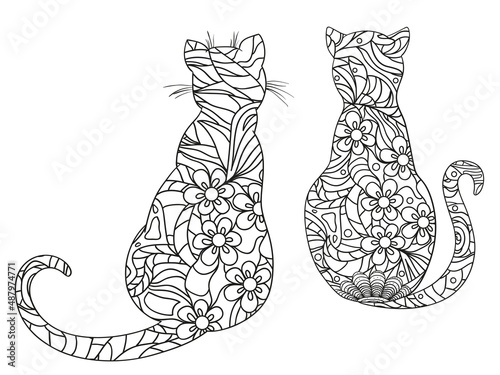 Cats on white. Zentangle. Hand drawn animals with abstract patterns on isolation background. Design for spiritual relaxation for adults. Black and white illustration for coloring