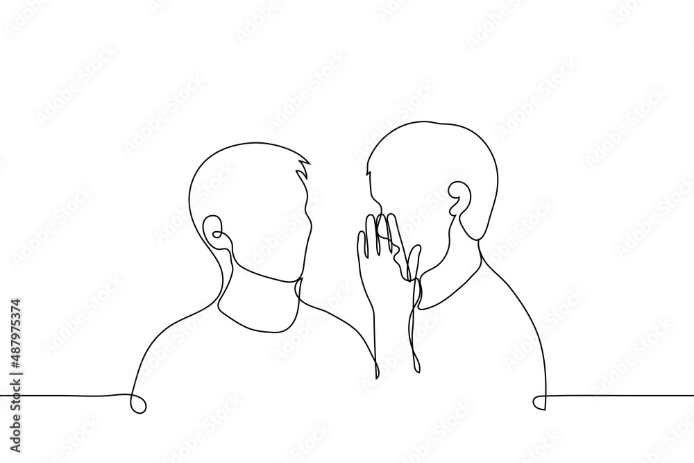 man standing alone whispering hiding behind his palm - one line drawing vector. concept gossip, keep secret man standing alone whispering hiding behind his palm - one line drawing vector. concept gossip, keep secret