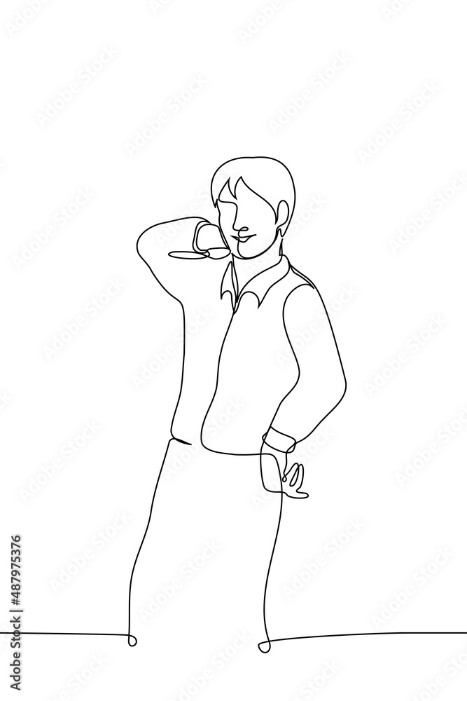 man stands playfully smiling and posing - one line drawing vector. concept posing for photo, male fashion model in shirt, man tempt