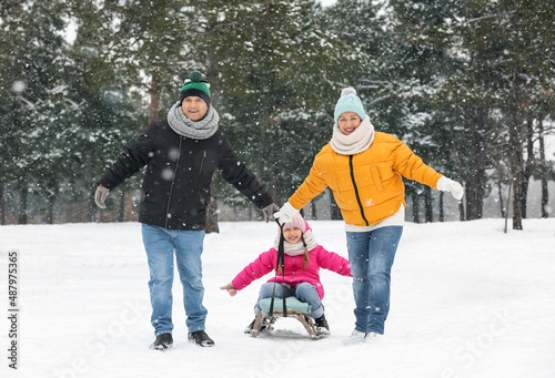 Little girl with her grandparents sledging on snowy winter day