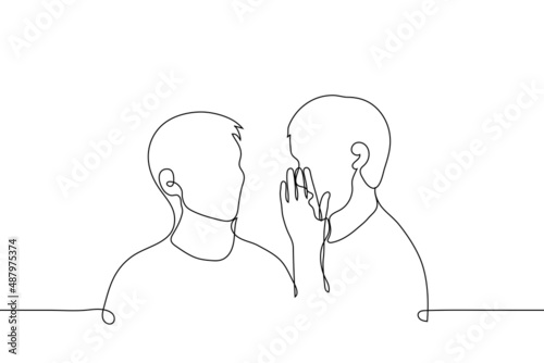 man standing alone whispering hiding behind his palm - one line drawing vector. concept gossip, keep secret