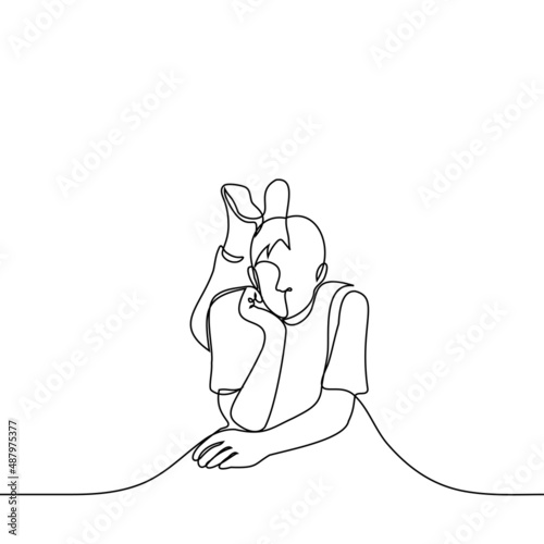 man lies on his stomach propping his chin with his palm his feet pointing up - one line drawing vector waiting, resting, procrastinating, laziness
