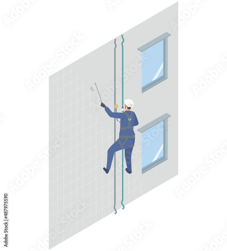 ビルやマンションの外壁調査をロープを吊り下げて行う業者のアイソメイラスト