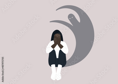 A young female African character covering their face with hands, a desperate situation, racism, stress and anxiety, mental health issues