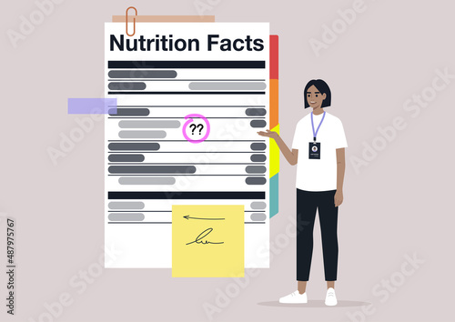 Nutrition facts, added sugar, healthy lifestyle, the balance of ingredients in daily ration, a young character with a badge explaining a product label