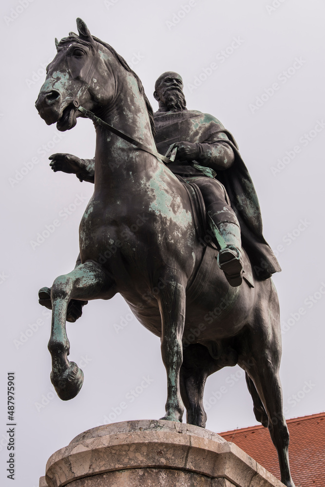 Germany, Munich- December 20,2021:  View of prince regent Luitpold equestrian statue next to famous Bavarian National Museum in the city center of the Bavarian capital.