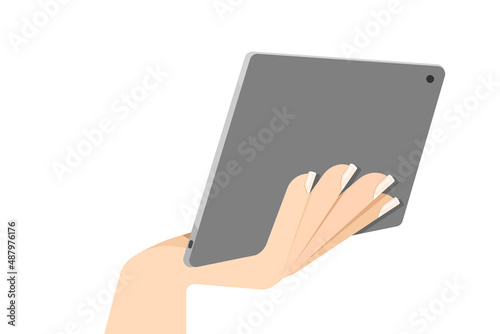 Woman hand holding a tablet on white background. Vector Illustration