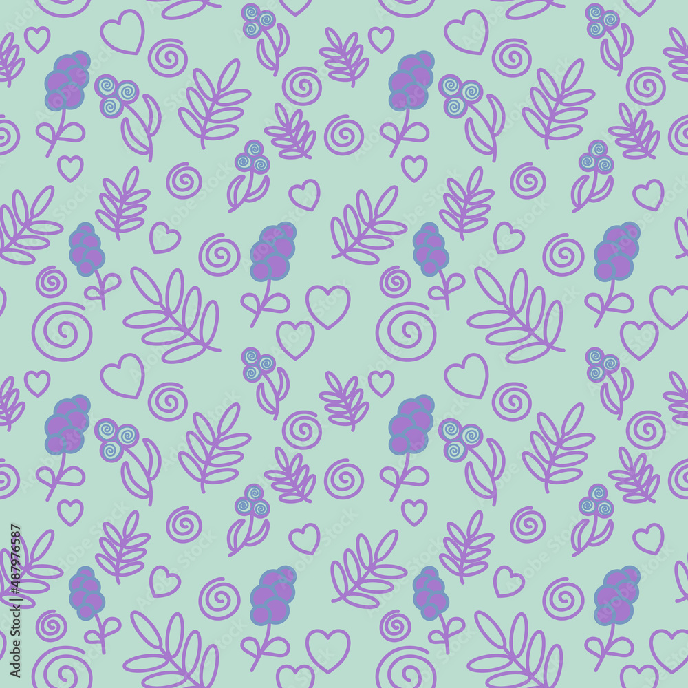 Seamless abstract floral pattern. Blue, violet, purple. Vector illustration. Flowers, leaves, hearts, swirls. Doodle. Design for textile fabrics, wrapping paper, background, wallpaper, cover.