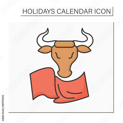 Bulls running color icon. San Fermin fiestas. Spain traditional holiday. Angry bulls run on red cloth. Holidays calendar concept. Isolated vector illustration