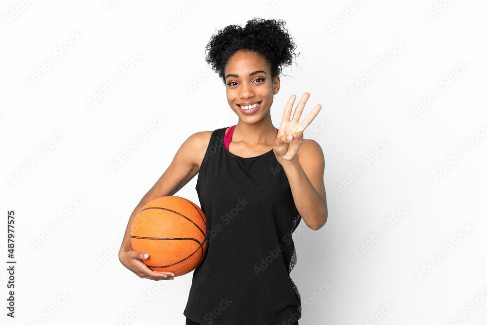 Young basketball player latin woman isolated on white background happy and counting three with fingers