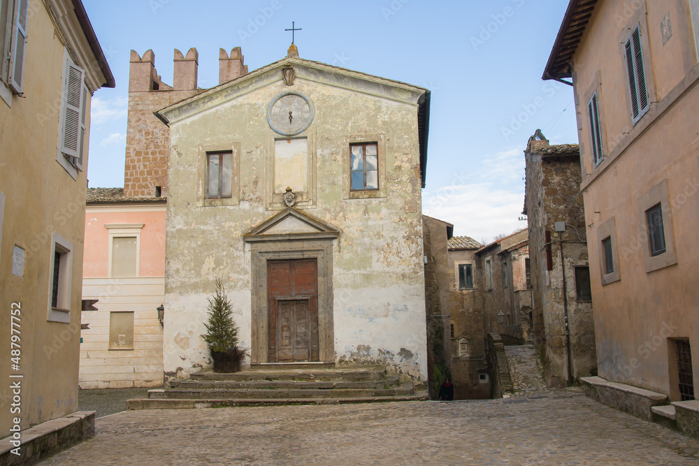 View of the old church in the medieval center of Calcata Vecchia village in Lazio