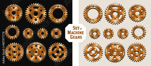 Set of machine copper polished gears in vintage style. Good for decoration in steampunk style. Vector.