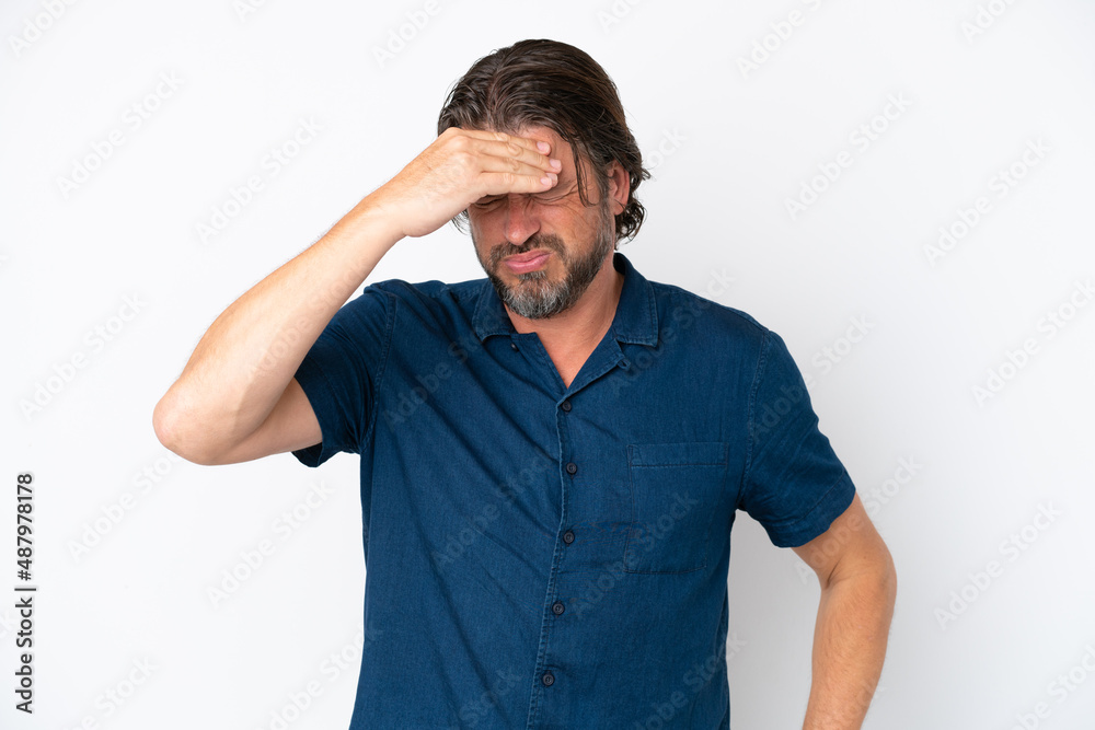 Senior dutch man isolated on white background with headache Senior dutch man isolated on white background with headache
