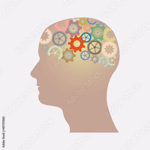 Vector illustration of colorful gearwheels in head. The work mechanism in brain.