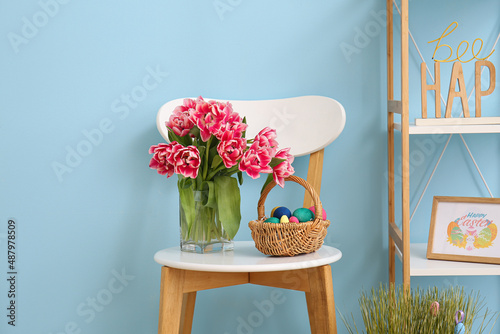 Bouquet of tulips and baske...