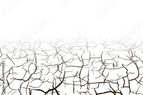 Dry white soil with black cracks wasteland landscape . Drought ground texture. Desert land or broken clay surface. Grunge contour background. Dead earth, hot climate.