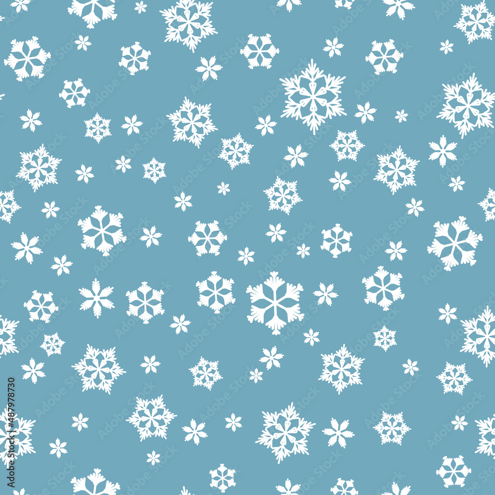 Winter seamless pattern with white snowflakes on blue background. Vector illustration for fabric, textile wallpaper, posters, gift wrapping paper. Christmas vector illustration. Falling snow Winter seamless pattern with white snowflakes on blue background. Vector illustration for fabric, textile wallpaper, posters, gift wrapping paper. Christmas vector illustration. Falling snow