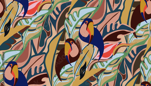 toucan  bird  exotic bird  bird of paradise  tropical animals  mexican  vector  seamless vector  seamless pattern  vector file  bright tropics  jungle  rainforest  monstera  banana  tropics  tropical 