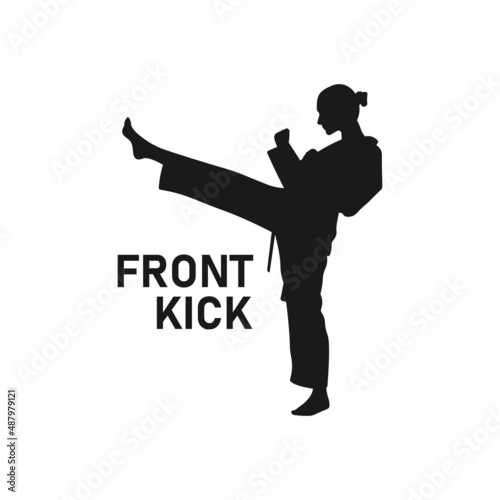 Front kick silhouette. Karate logo. Martial arts icon, sign or symbol. Taekwondo move. Self defense technique. Black and white vector illustration.
