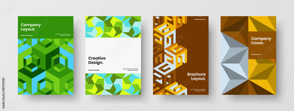 Fototapeta premium Modern brochure vector design illustration set. Colorful mosaic shapes pamphlet layout collection.