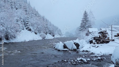 slow motion. winter landscape. morning mist over the river tereblya. national natural park synevyr. mountains in snow. ukraine photo