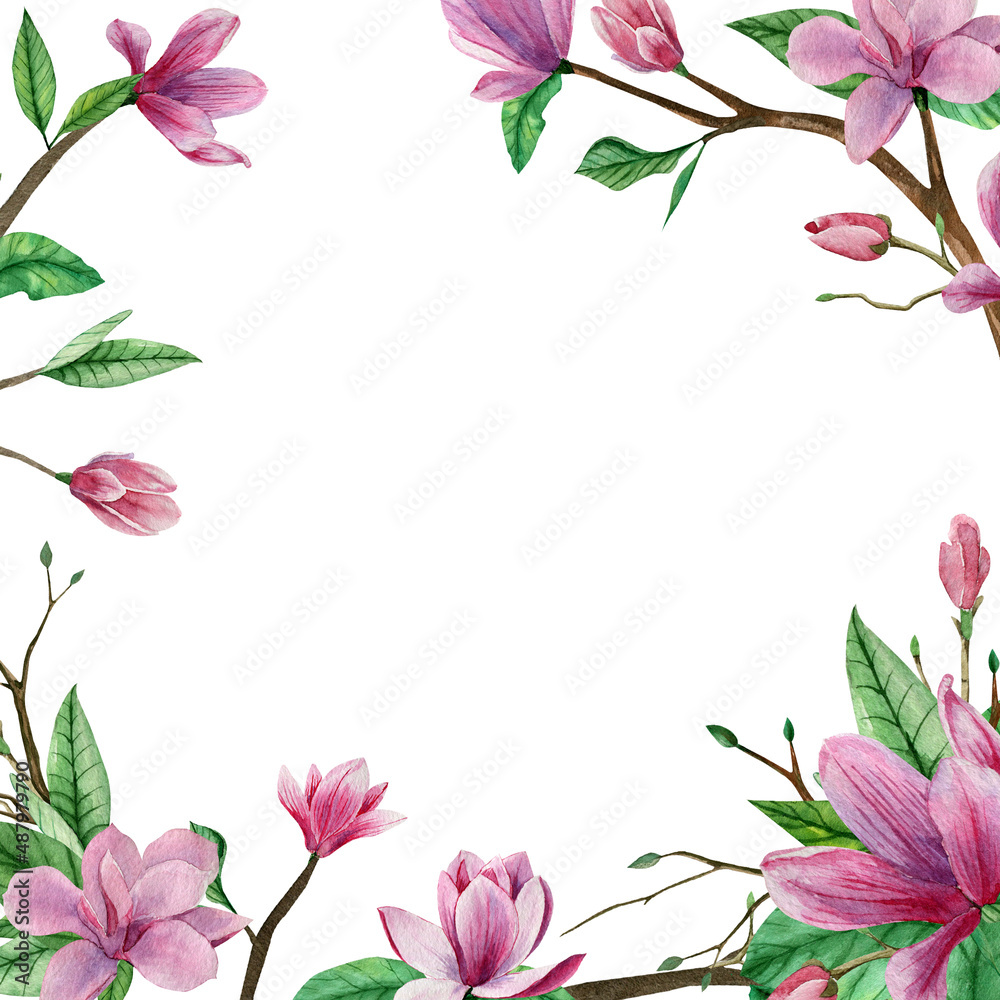 Delicate square frame with delicate flowers and pink magnolia petals, on a white background. Digital illustration.