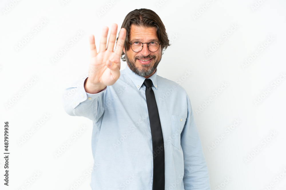 Senior dutch business man isolated on white background happy and counting four with fingers Senior dutch business man isolated on white background happy and counting four with fingers