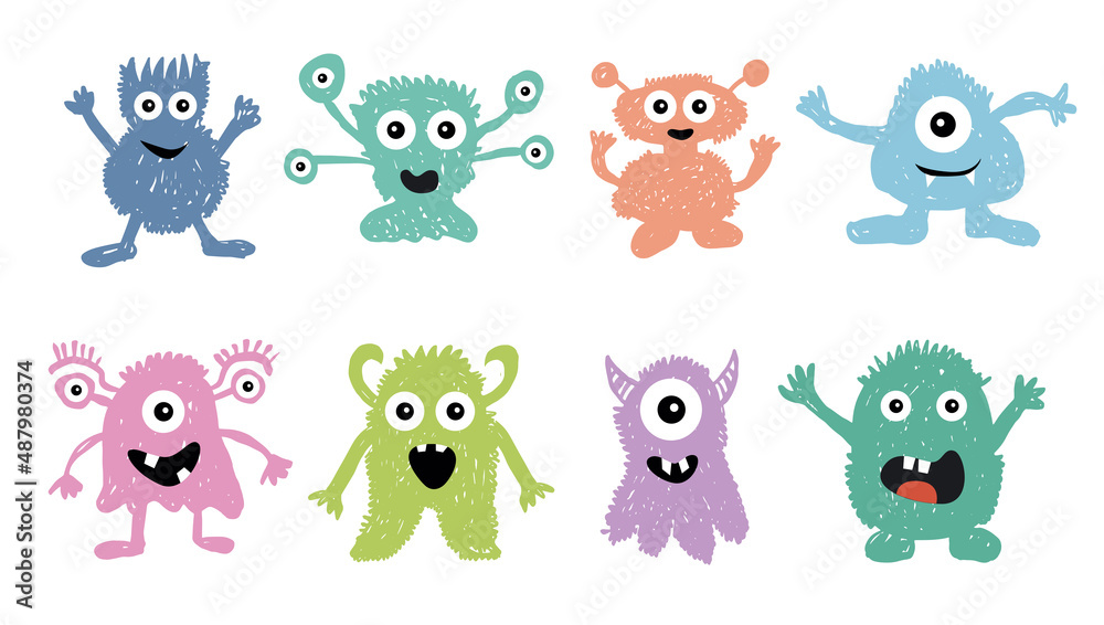 Monster set, hand drawn illustration. Monster set, hand drawn illustration.